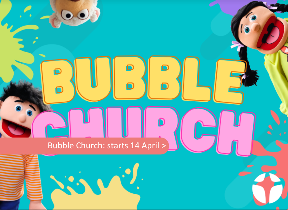 Bubble Church image with puppets and paint splashes